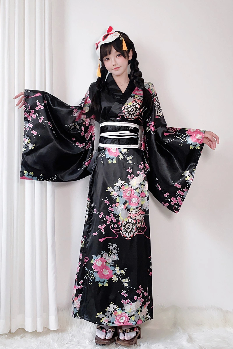 Alt Text:Wholesale kimono style sleepwear in black satin with pink floral patterns, front view