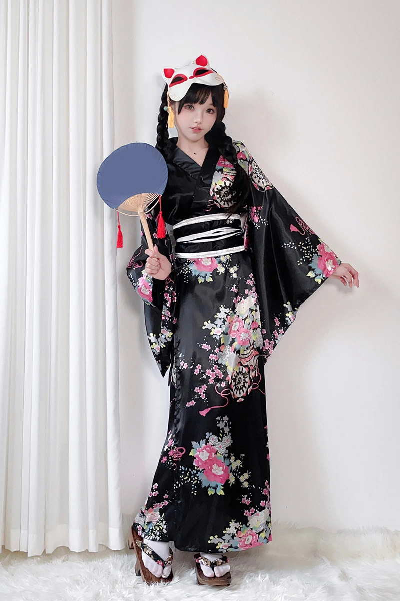 Alt Text:Wholesale kimono style sleepwear in black satin with pink and white floral design, full length