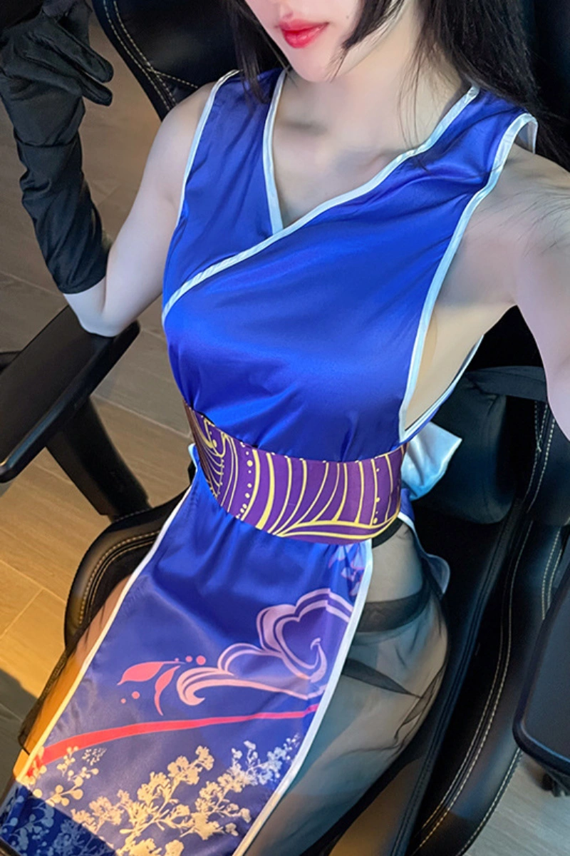 Alt text:wholesale kimono wrap nightdress in royal blue with delicate floral patterns