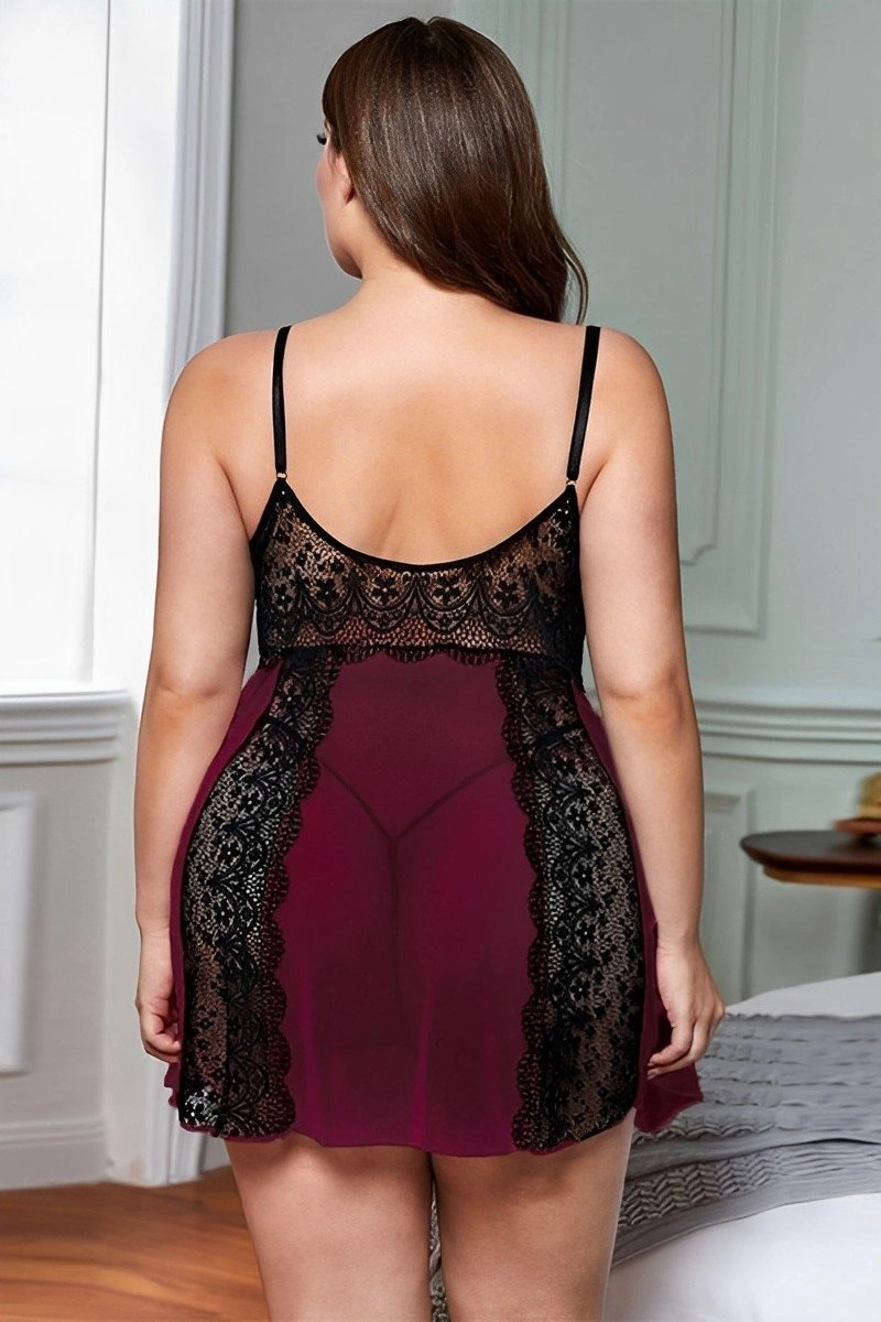 Back view of wholesale lace pajama party outfit in wine red with sheer lace design.