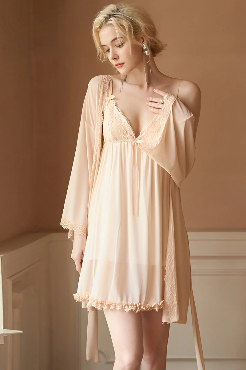 Alt Text: Wholesale long sexy nightgown in apricot beige with floral lace details and robe