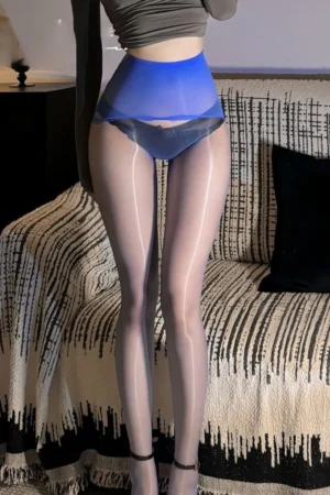 Elegant wholesale luxury silk stockings in glossy blue, designed with a high-waist fit and sheer shine, perfect for lingerie wholesale supply.