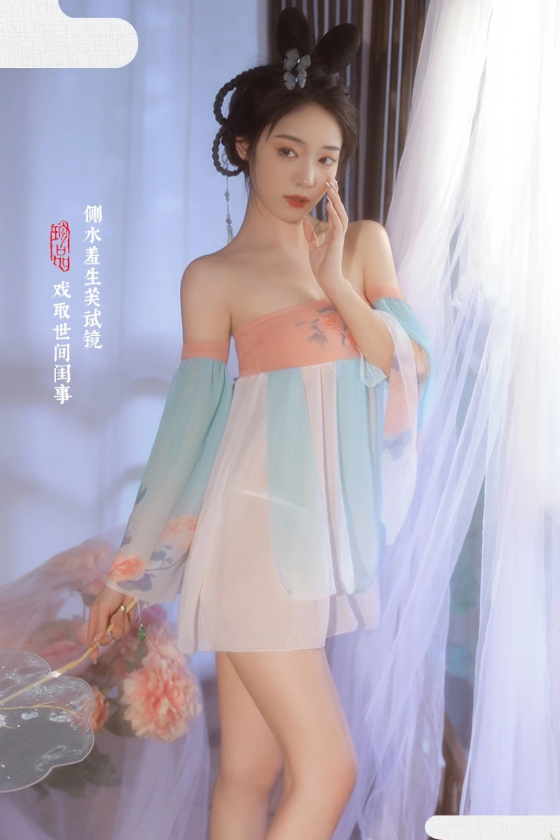 Alt Text: Elegant wholesale oriental fantasy lingerie with sheer skirt and pastel sleeves
