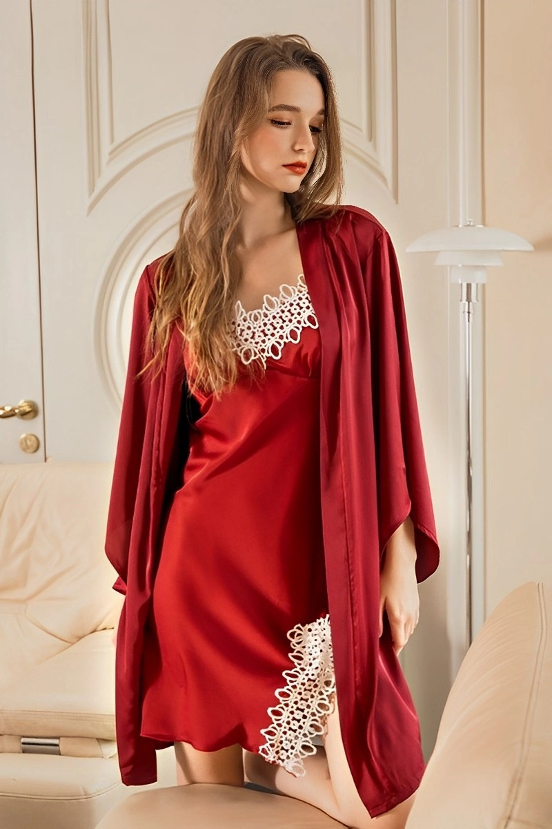 Sexy Nightgown wholesale set in red satin with white lace and robe