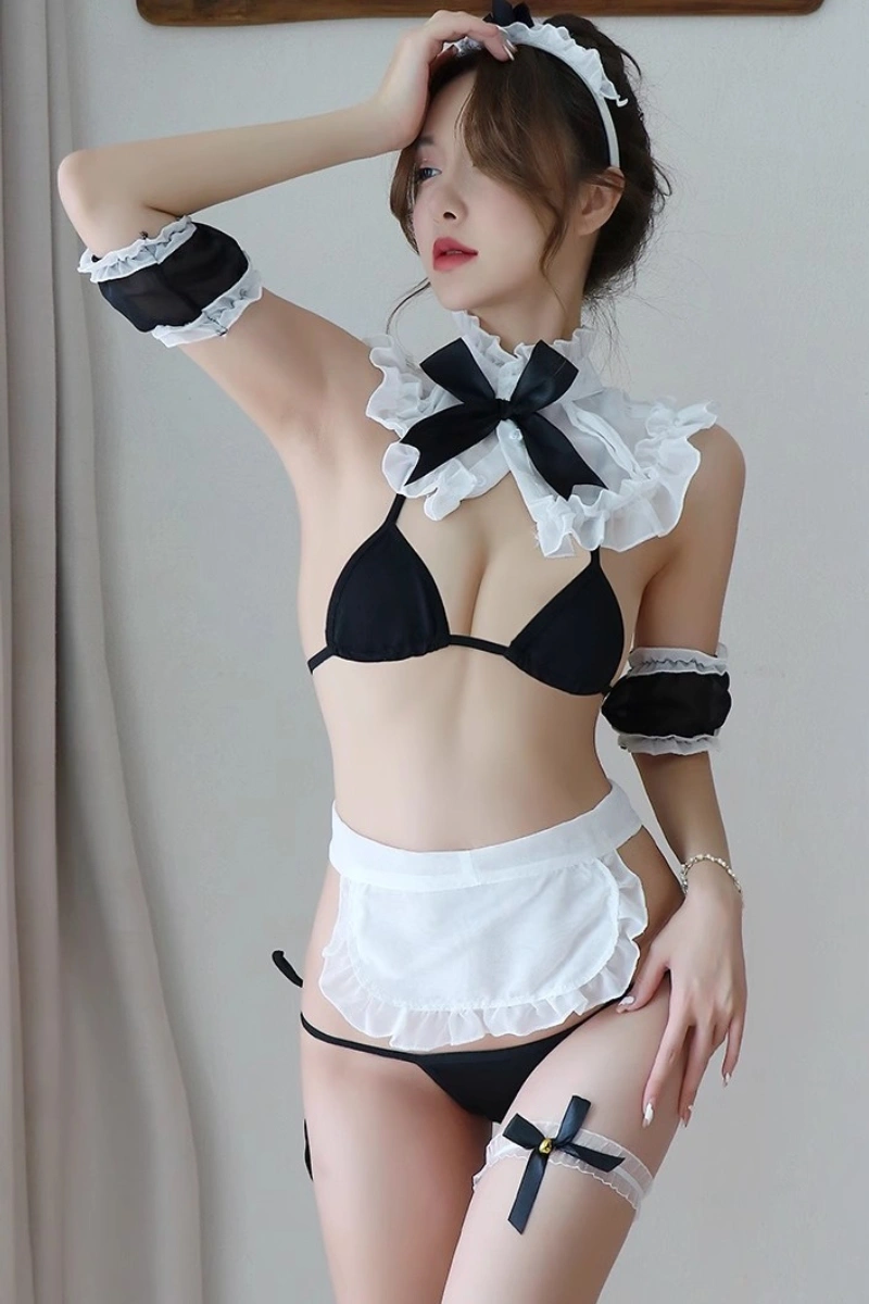 Alt Text:Wholesale Satin French Maid Costume set with matching headband, arm bands, and lace apron