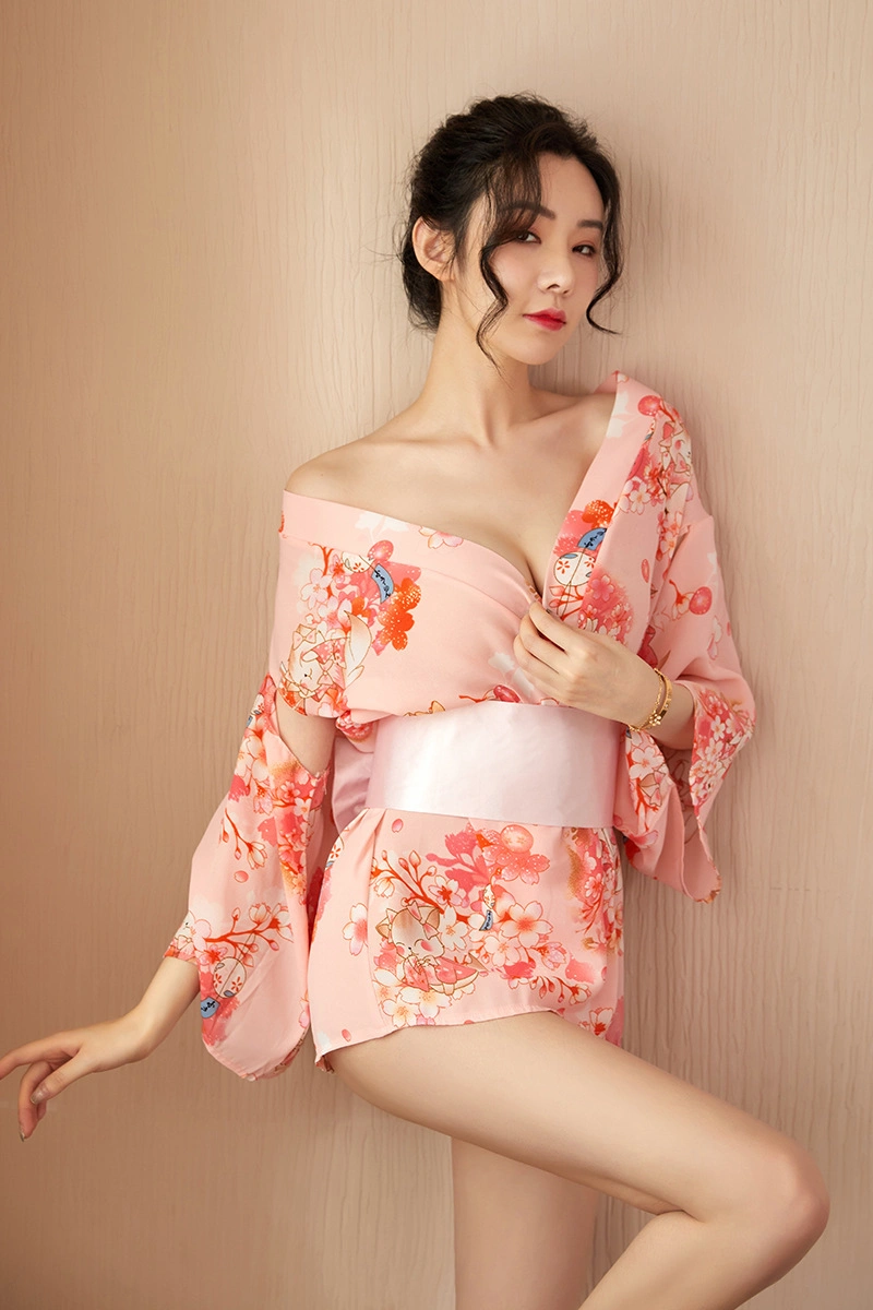 Alt Text:Wholesale satin kimono nightgown in soft pink with floral print, off-shoulder design