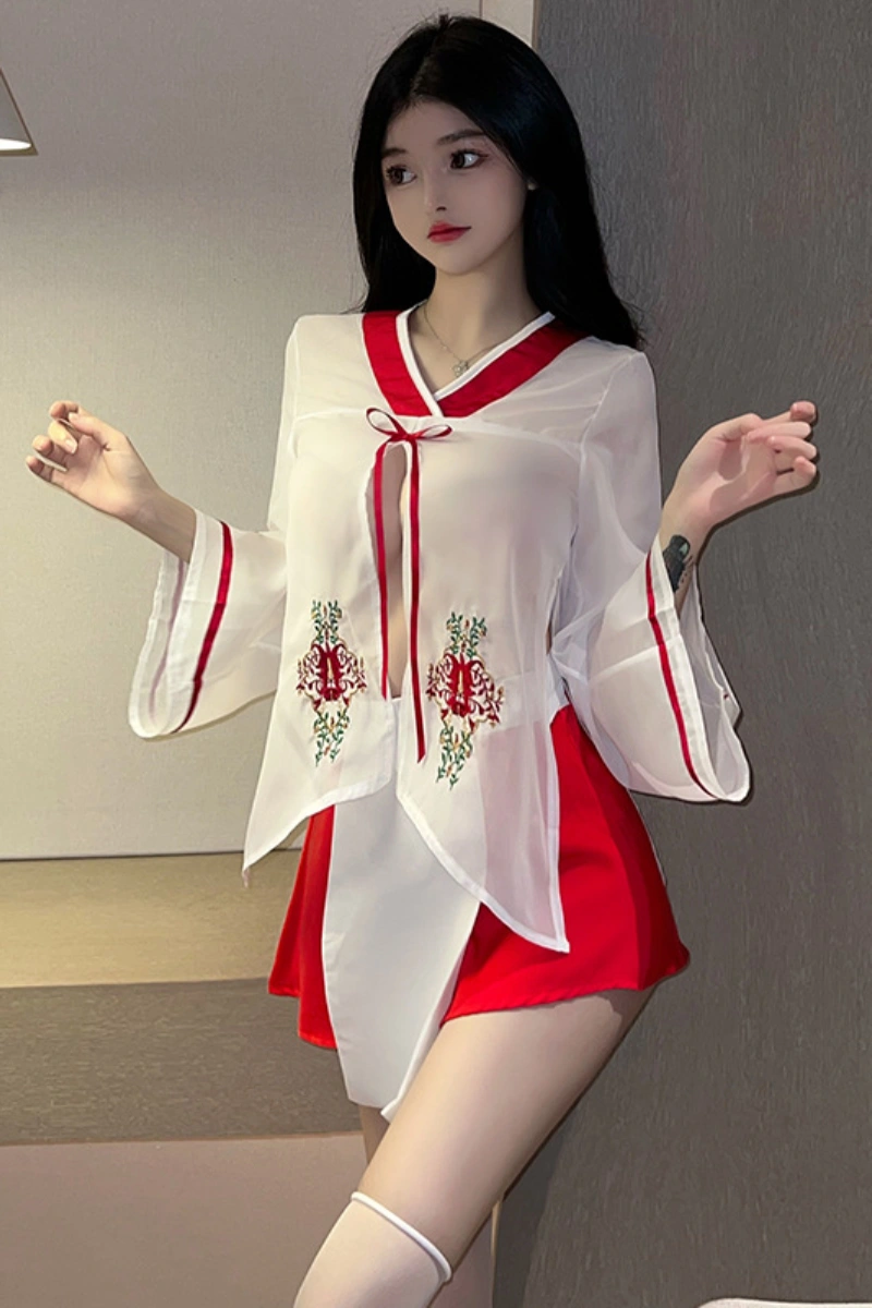 Alt Text:Wholesale see through kimono lingerie with wide sleeves, red accents, and sheer white material