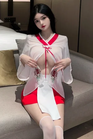 Alt Text：Wholesale see through kimono lingerie in sheer white with floral embroidery and red skirt