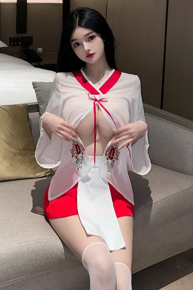 Alt Text:Wholesale see through kimono lingerie in sheer white with floral embroidery and red skirt