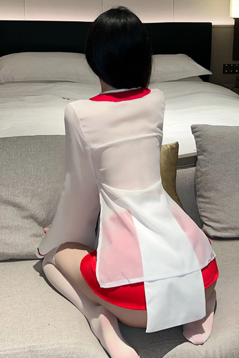 Alt Text:Wholesale see through kimono lingerie featuring sheer white top and vibrant red mini skirt