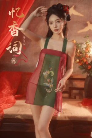 Alt Text: Wholesale sexy ancient princess outfit in sheer red fabric with embroidered green panel