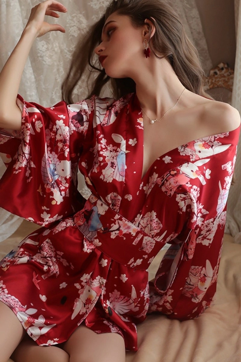 Alt Text:wholesale sexy geisha lingerie in vibrant red satin with sakura and bunny motifs