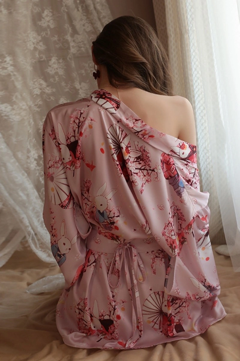 Alt Text:wholesale sexy geisha lingerie in soft pink with sakura and bunny design