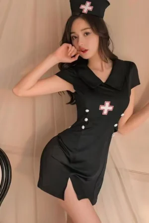 Black wholesale sexy hospital nurse costume featuring side buttons, slit detail, and nurse cap.