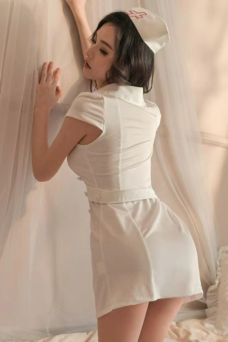 White wholesale sexy hospital nurse costume with cap, short sleeves, and slim fit design.