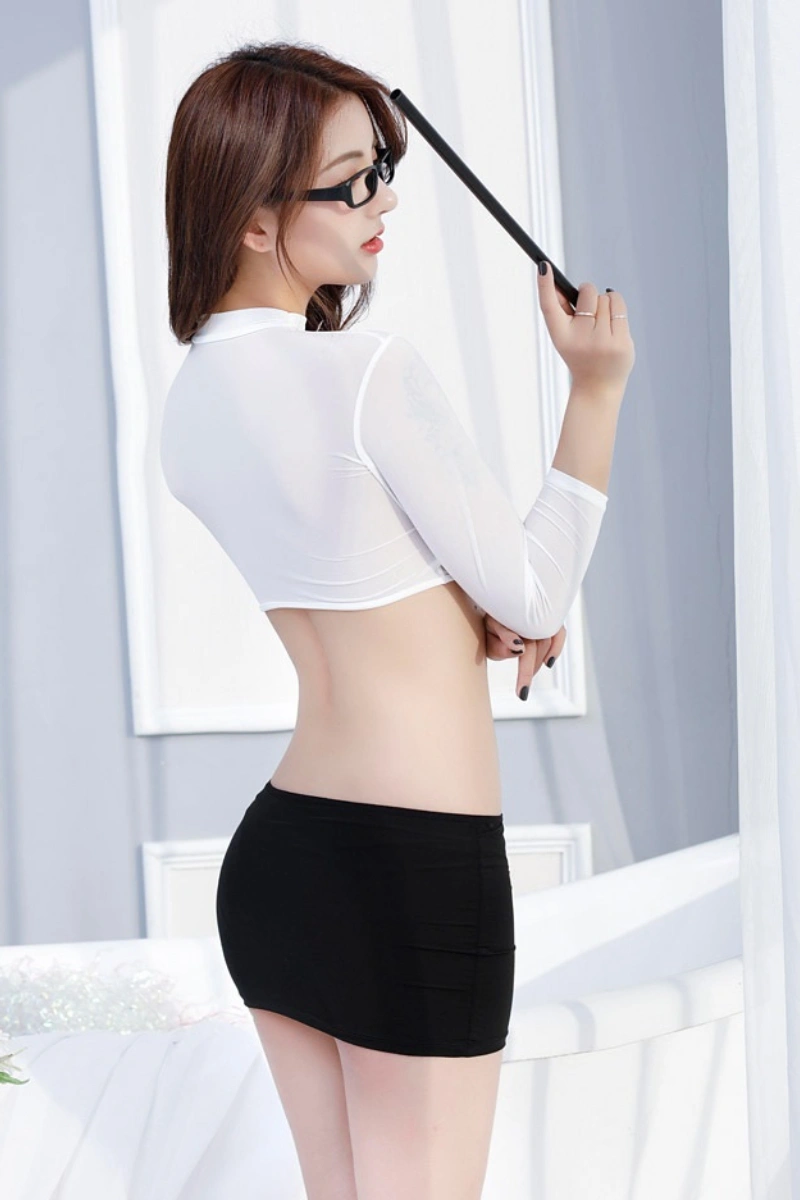 Back view of model in white sheer crop top and tight black skirt for wholesale sexy secretary roleplay.