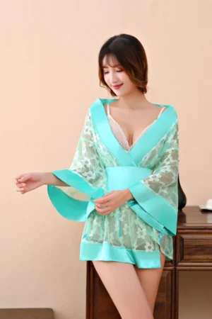 Alt Text：wholesale sheer kimono robe in turquoise lace with wide satin sleeves and waist sash