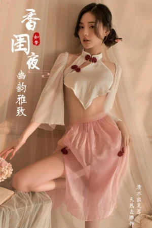 Alt Text： b2b Ancient Costume in white halter top and pink sheer skirt with floral accents