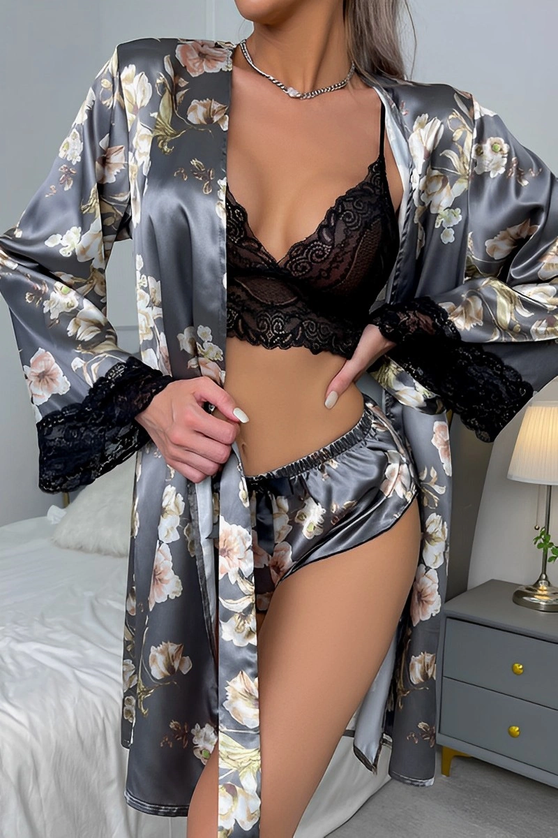 Alt Text: Dark floral satin b2b sheer sexy nightgown set with black lace top