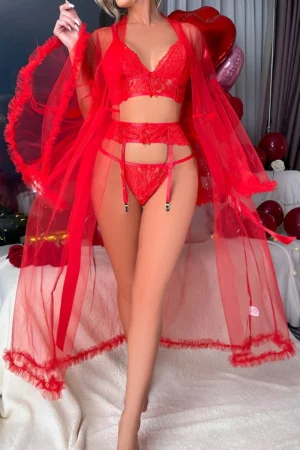 Alt Text： b2b Silk Sexy Nightgown in sheer lace robe, vibrant red design for wholesale buyers