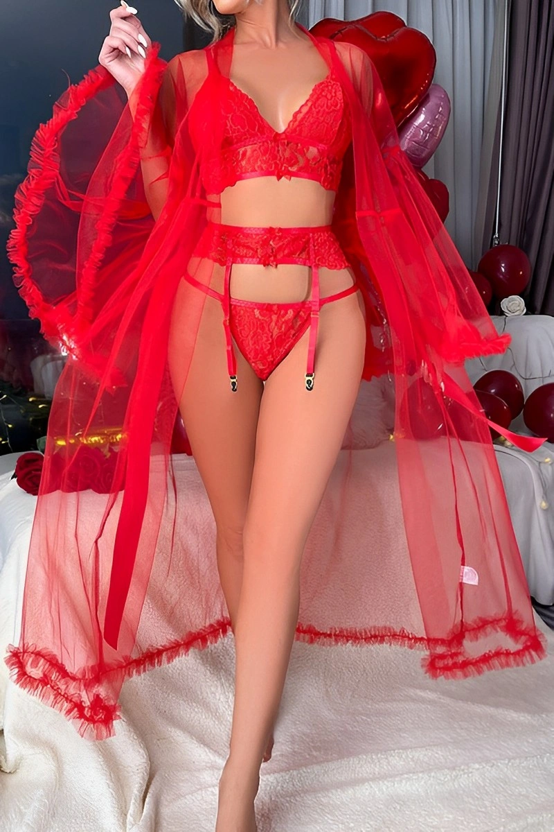 Alt Text: b2b Silk Sexy Nightgown in sheer lace robe, vibrant red design for wholesale buyers