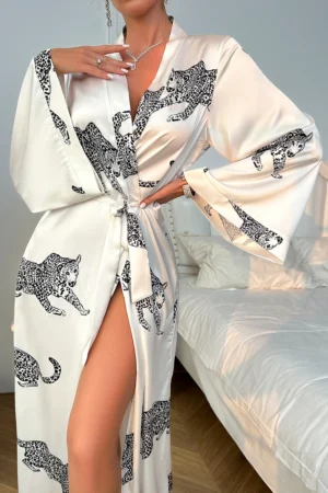b2b White Sexy Nightgown featuring satin fabric and leopard print