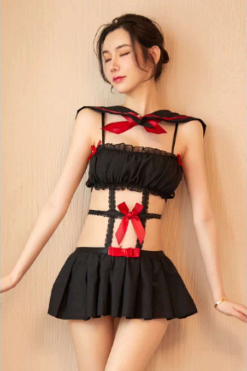 Sexy black bulk student costume with red bow details for cosplay and roleplay