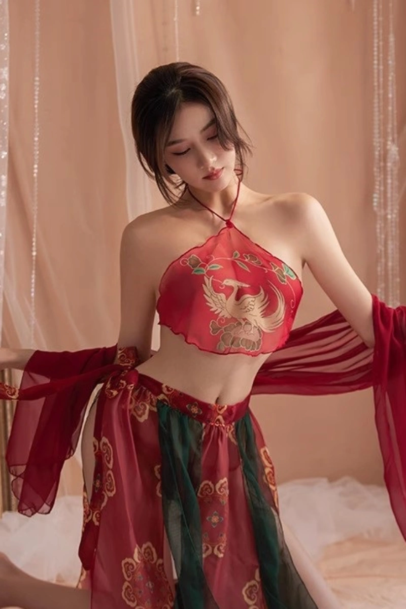 Alt Text: chinese style lingerie set featuring red halter top with golden phoenix embroidery and sheer patterned skirt