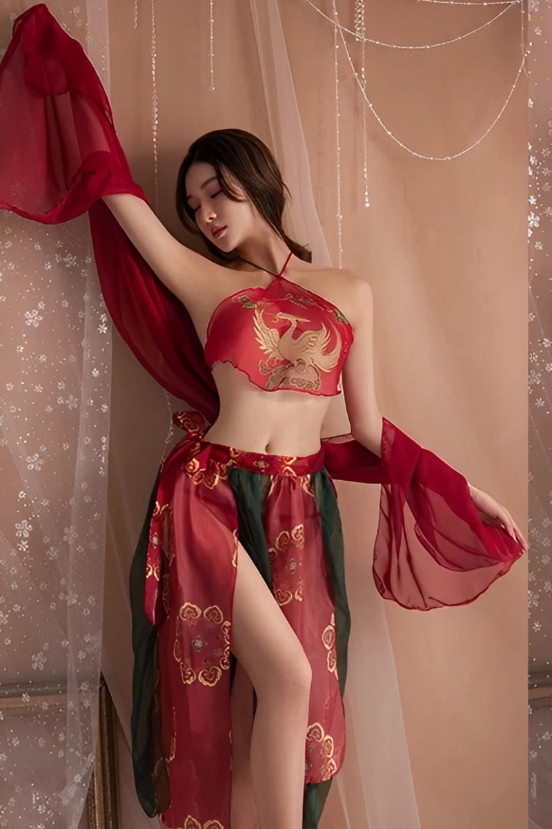 Alt Text: chinese style lingerie set in red halter top with phoenix embroidery and sheer high slit skirt