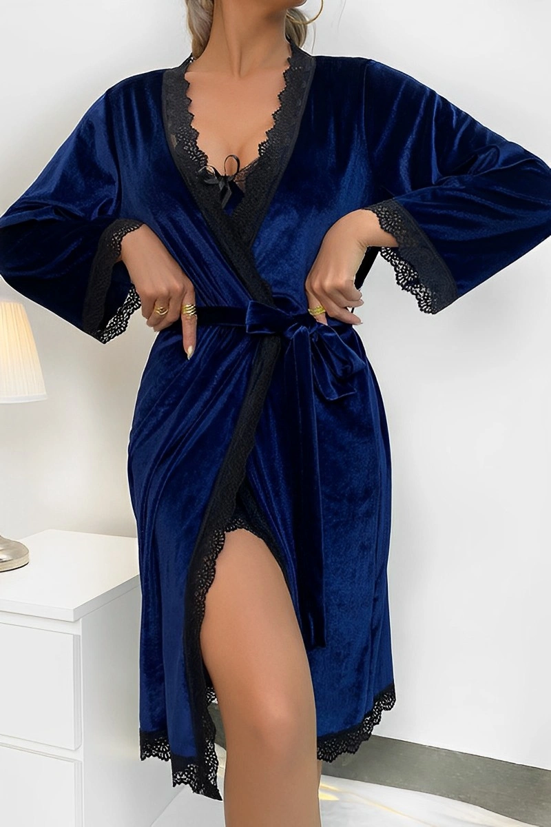 custom Sexy Lace Nightgown in navy blue velvet with black lace trim