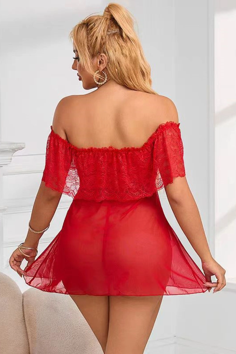 A plus size sexy secretary in a red lace off-shoulder babydoll, showcasing elegant sheer fabric and flattering fit.