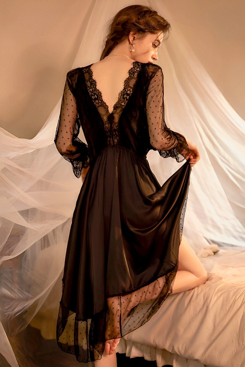 Alt Text: wholesale Sexy Satin Nightgown in black with deep V lace back and sheer polka-dot sleeves