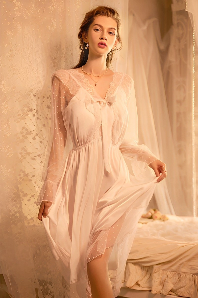 Alt Text: wholesale Sexy Satin Nightgown in white with lace neckline and sheer polka-dot details