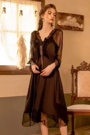 Alt Text： wholesale Sexy Satin Nightgown in black with sheer lace long sleeves and satin ribbon detail