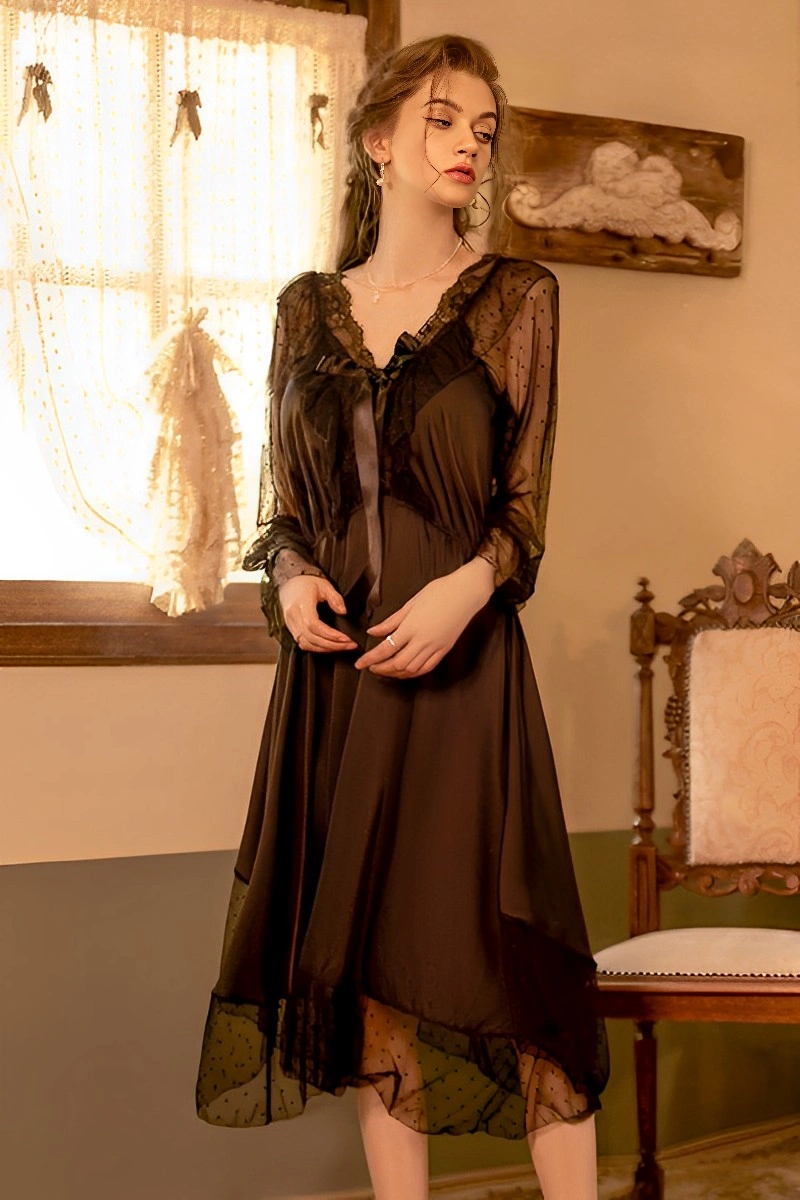 Alt Text: wholesale Sexy Satin Nightgown in black with sheer lace long sleeves and satin ribbon detail