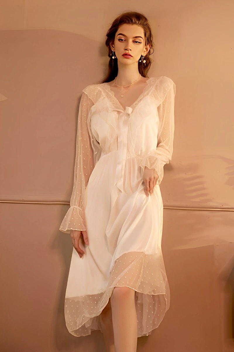 Alt Text: wholesale Sexy Satin Nightgown in white with sheer lace long sleeves and satin ribbon tie