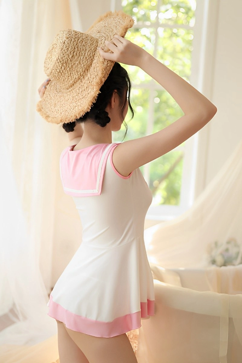 Back view of wholesale cute student uniform with pink sailor details and sleeveless design, ideal for bulk buyers.