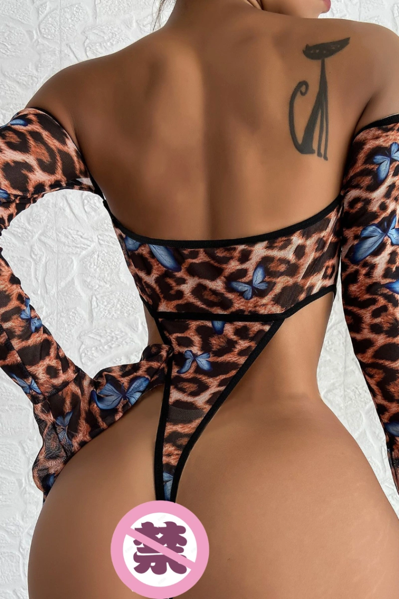 Alt Text: wholesale leopard print bodysuit lingerie back view with thong cut and butterfly prints