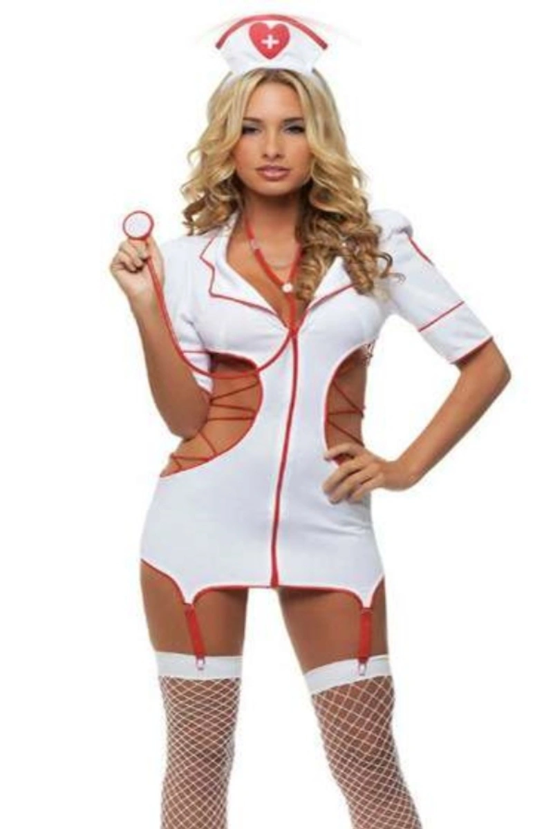 Wholesale sexy nurse lingerie set in white with red accents, short dress style with lace-up cut-out sides and attached garters.