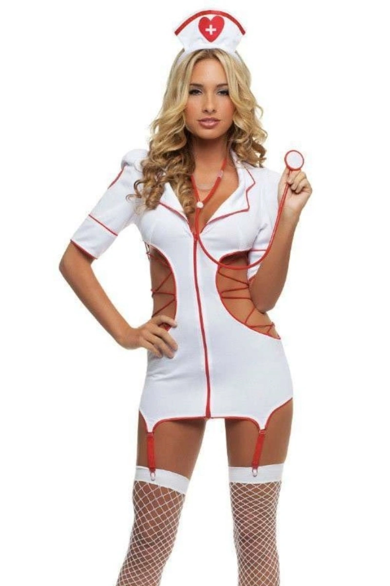 Model wearing wholesale sexy nurse lingerie in a short white dress with red trim, featuring cut-out sides and garter straps.