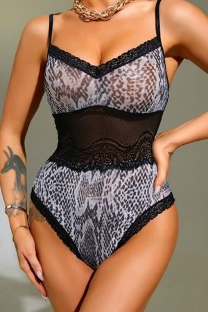 Sexy suspender one-piece pajamas snake pattern mesh 136