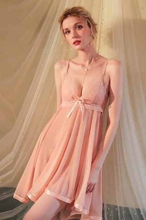 Suspender Nightdress Bowknot Mesh Lace Pajamas A04