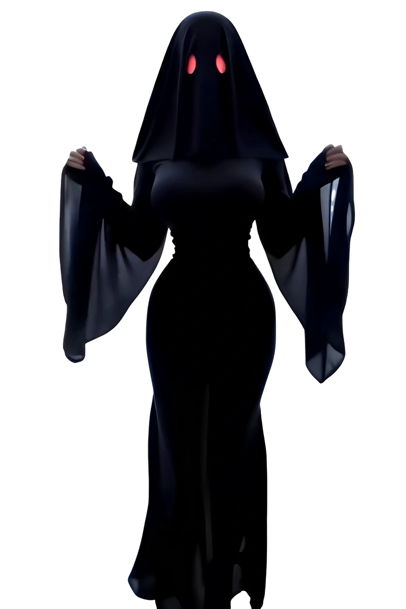 A black ghost cosplay costume with long sleeves and ghost hood featuring red glowing eyes.