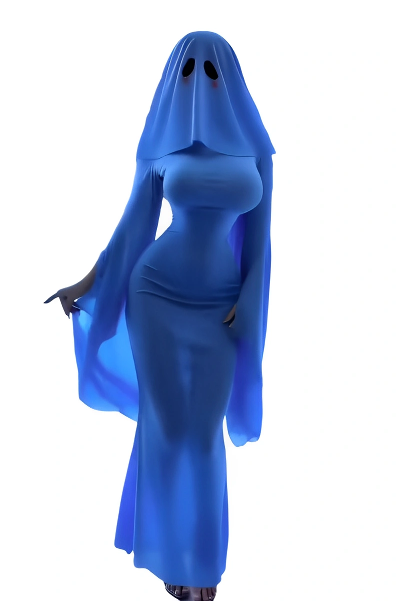 A blue ghost cosplay costume with slim long dress, wide sleeves, and ghost hood.