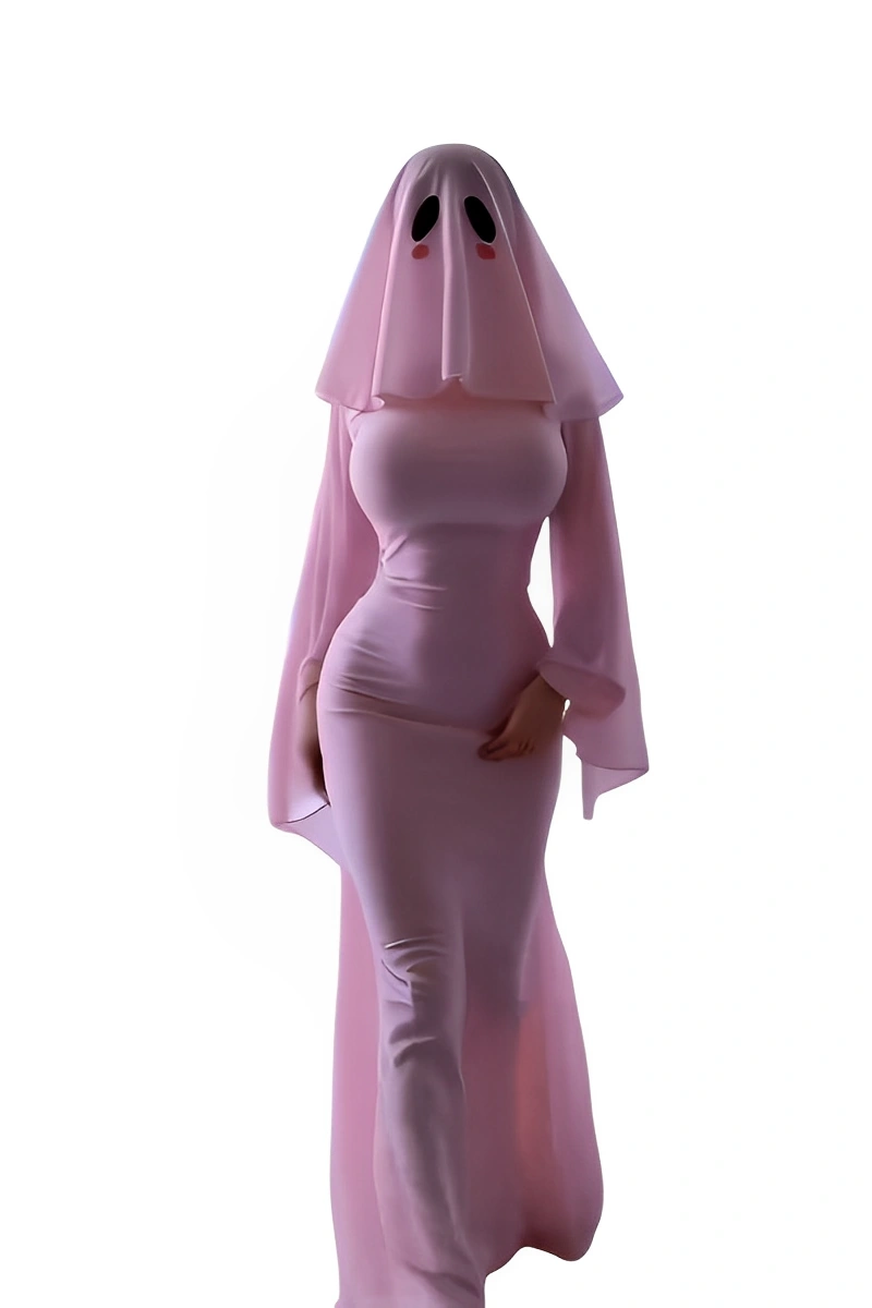 A pink ghost cosplay costume with a slim silhouette, long sleeves, and ghost hood.