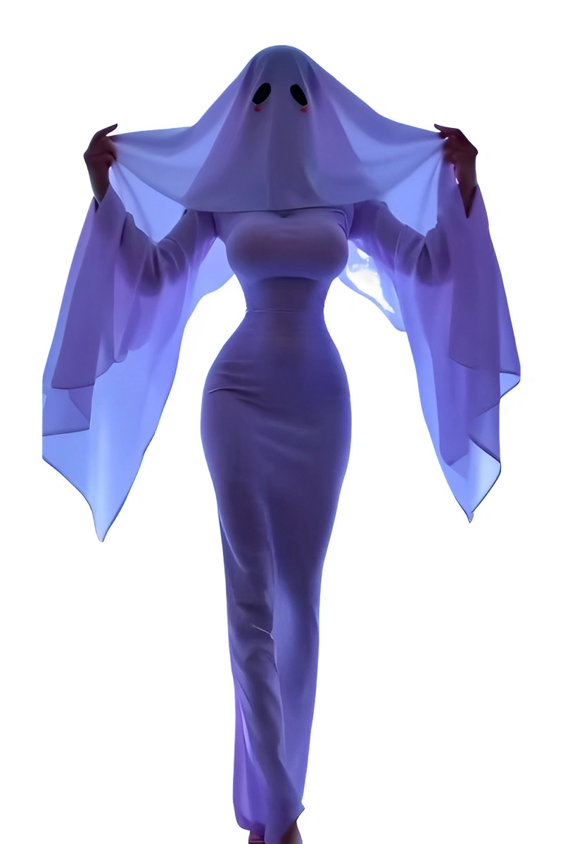 A purple ghost cosplay costume featuring a fitted long dress and ghost-style hood.