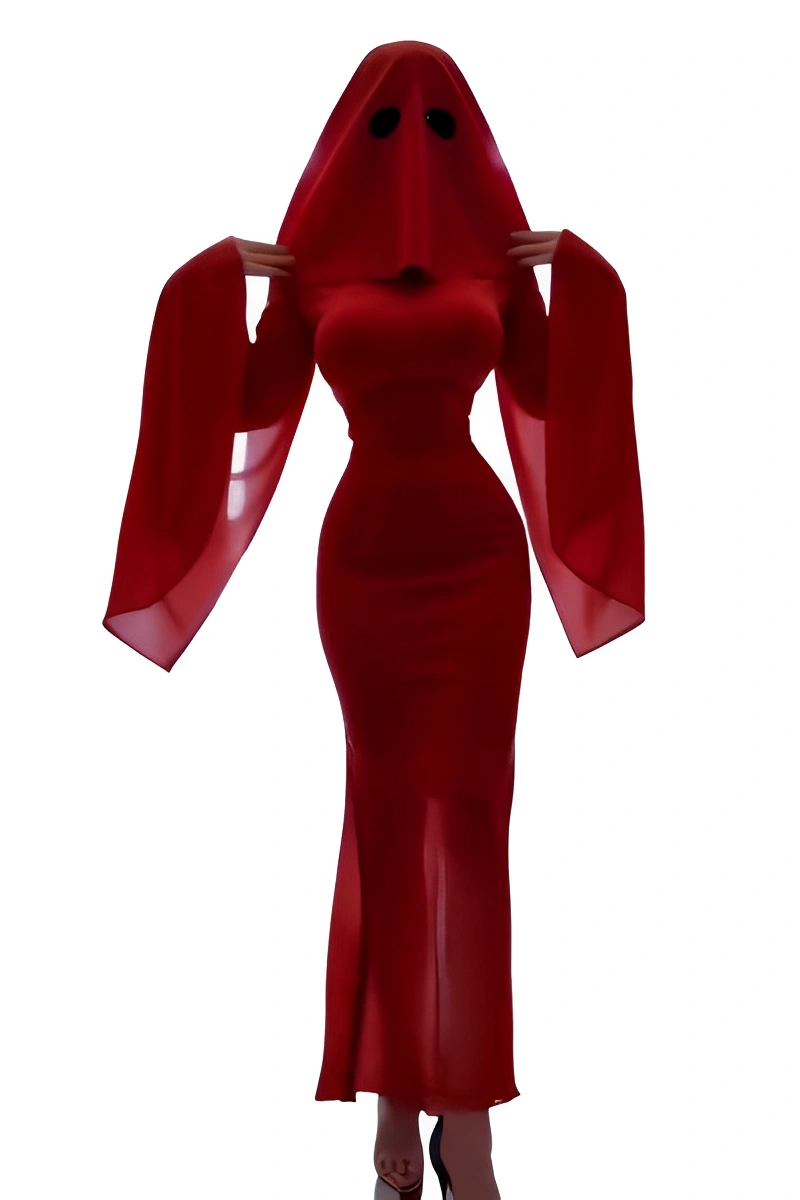 A red ghost cosplay costume featuring a slim silhouette and wide sleeve design with ghost hood.