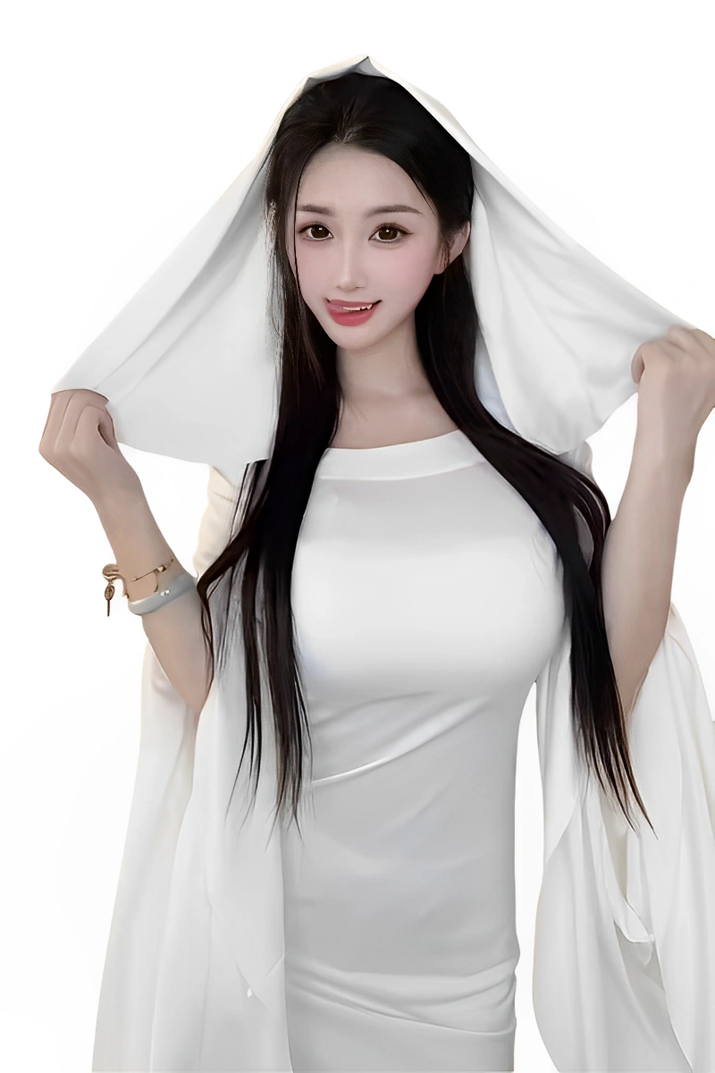 A white ghost cosplay costume with elegant long sleeves and hood, revealing the model’s face.