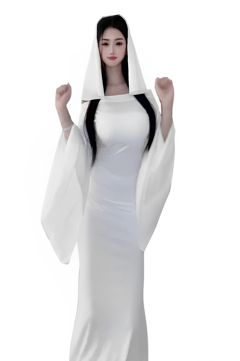 A white ghost cosplay costume with flowing wide sleeves and elegant hood.