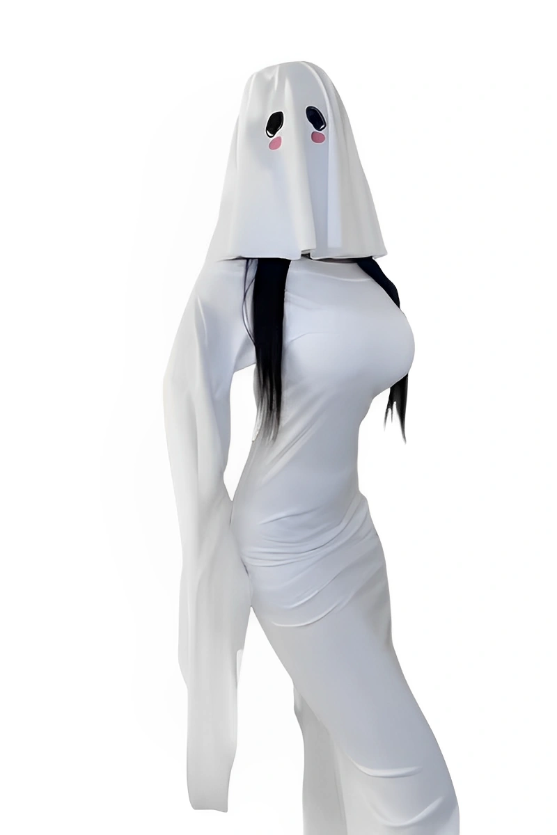 A white ghost cosplay costume featuring a slim dress with long sleeves and ghost hood.